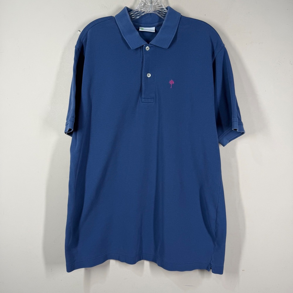 Ben Silver Charleston Mens Blue Cotton Pique Polo Shirt Pink Palm Tree Italy L